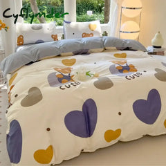 Cyflymder Kawaii Bear Printed Bed Set Floral Duvet Cover Pillowcase Bedding Set Cute Dog Bed Linen Sheet Quilt Cover