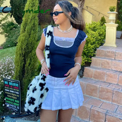 Cyflymder Kawaii Bow Lace Trim T-Shirt Vintage Striped Patchwork Slim Fit Crop Top Y2K Aesthetic