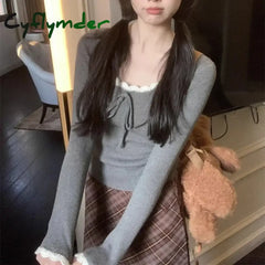 Cyflymder Kawaii Bow T-shirts Women Coquette Lace Sexy Korean Fashion Sweet Long Sleeve Cutecore Slim Up Solid