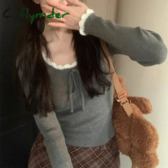Cyflymder Kawaii Bow T-shirts Women Coquette Lace Sexy Korean Fashion Sweet Long Sleeve Cutecore Slim Up Solid