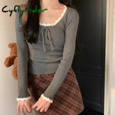 Cyflymder Kawaii Bow T-shirts Women Coquette Lace Sexy Korean Fashion Sweet Long Sleeve Cutecore Slim Up Solid