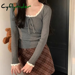 Cyflymder Kawaii Bow T-shirts Women Coquette Lace Sexy Korean Fashion Sweet Long Sleeve Cutecore Slim Up Solid