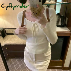 Cyflymder Kawaii Bow T-shirts Women Coquette Lace Sexy Korean Fashion Sweet Long Sleeve Cutecore Slim Up Solid