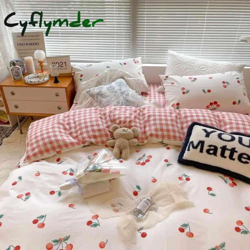 Cyflymder Kawaii Cherry Duvet Cover Set Pillowcase Flat Sheet Floral Boys Girls Twin Full Size Soft Bedding Kit Korean