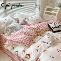 Cyflymder Kawaii Cherry Duvet Cover Set Pillowcase Flat Sheet Floral Boys Girls Twin Full Size Soft Bedding Kit Korean