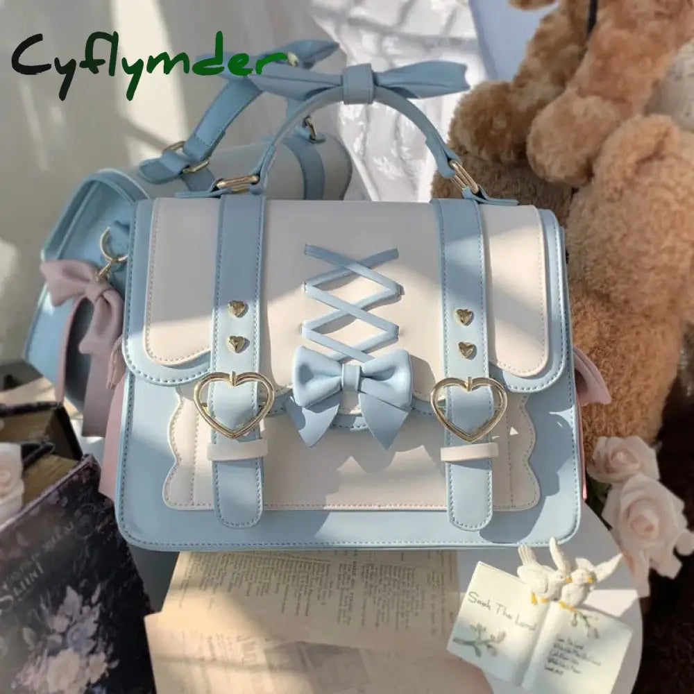 BACK TO SCHOOL Kawaii Bowknot Blue JK Bag Student Uniform PU Leather Backpack Cosplay Lolita Shoulder Bags Flip Handbags for Women Totes