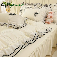 Cyflymder Kawaii Seersucker Bedding Set For Girls Princess Bow Ruffle Lace Bed Skirt Skin-Friendly Solid Color Duvet