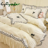 Cyflymder Kawaii Seersucker Bedding Set For Girls Princess Bow Ruffle Lace Bed Skirt Skin-Friendly Solid Color Duvet