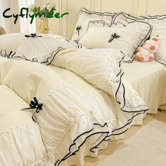 Cyflymder Kawaii Seersucker Bedding Set For Girls Princess Bow Ruffle Lace Bed Skirt Skin-Friendly Solid Color Duvet