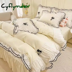 Cyflymder Kawaii Seersucker Bedding Set For Girls Princess Bow Ruffle Lace Bed Skirt Skin-Friendly Solid Color Duvet