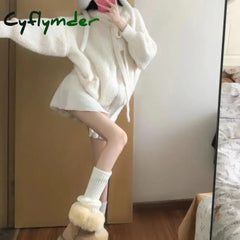 Cyflymder Kawaii Sweet Knitted Cardigan Women Elegant Zip Up Hooded Cardigan Cute Japanese Style Solid Autumn Winter