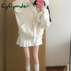 Cyflymder Kawaii Sweet Knitted Cardigan Women Elegant Zip Up Hooded Cardigan Cute Japanese Style Solid Autumn Winter