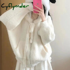 Cyflymder Kawaii Sweet Knitted Cardigan Women Elegant Zip Up Hooded Cardigan Cute Japanese Style Solid Autumn Winter