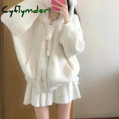 Cyflymder Kawaii Sweet Knitted Cardigan Women Elegant Zip Up Hooded Cardigan Cute Japanese Style Solid Autumn Winter