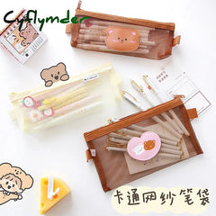 Cyflymder Kawaii Transparen Bear Mesh Pencil Bag Pens Pouch Storage Case Brush Holder Big Capacity