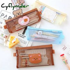 Cyflymder Kawaii Transparen Bear Mesh Pencil Bag Pens Pouch Storage Case Brush Holder Big Capacity