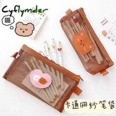 Cyflymder Kawaii Transparen Bear Mesh Pencil Bag Pens Pouch Storage Case Brush Holder Big Capacity