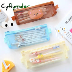 Cyflymder Kawaii Transparen Bear Mesh Pencil Bag Pens Pouch Storage Case Brush Holder Big Capacity