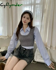 Cyflymder Kawaii Turn Down Collar Single-breasted Crop Top Shirt Suit + Vest Knit Outfits Korean Fashion High Street