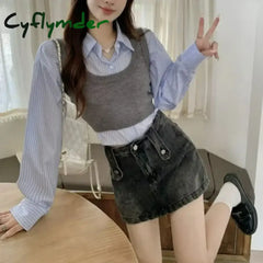 Cyflymder Kawaii Turn Down Collar Single-breasted Crop Top Shirt Suit + Vest Knit Outfits Korean Fashion High Street