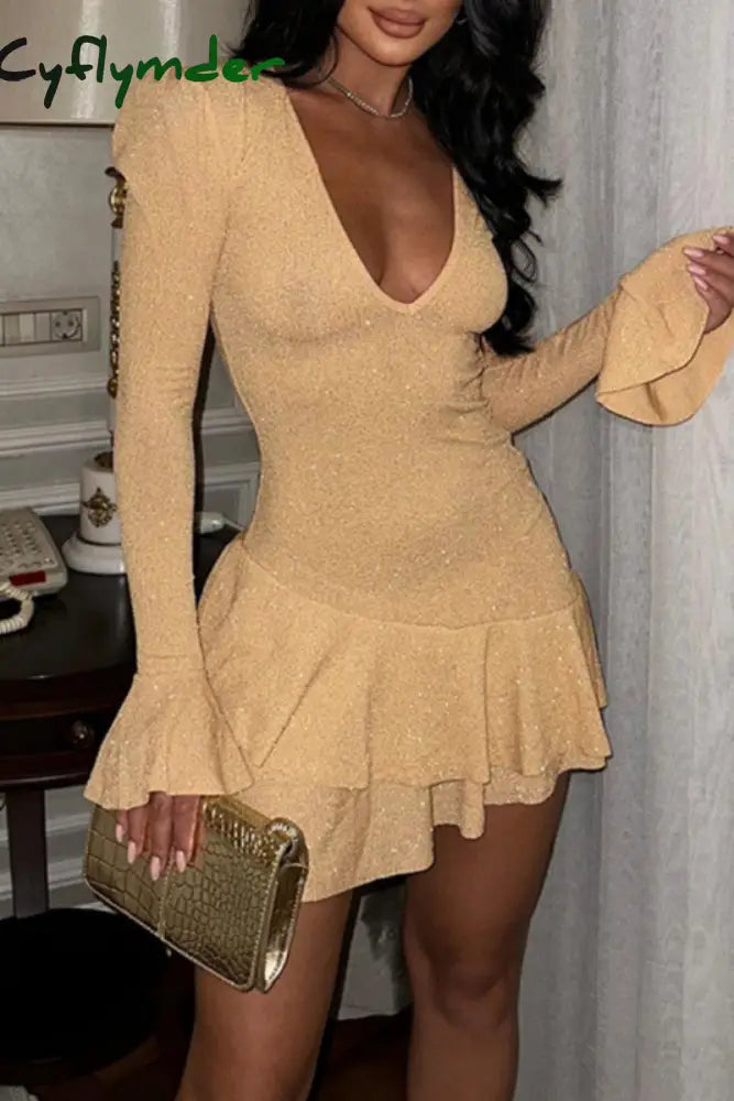 Cyflymder - Khaki Casual Patchwork V Neck Long Sleeve Dresses