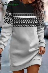 Cyflymder - Khaki Casual Print Basic O Neck Long Sleeve Dresses