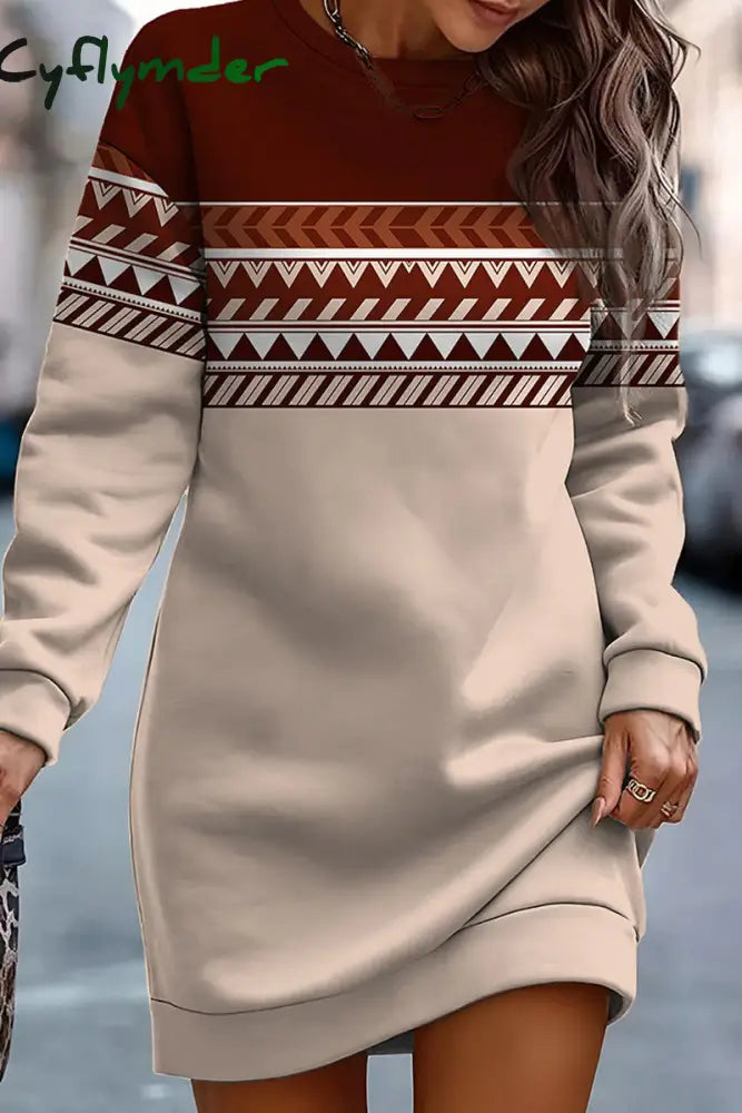 Cyflymder - Khaki Casual Print Basic O Neck Long Sleeve Dresses