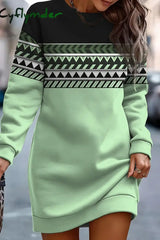 Cyflymder - Khaki Casual Print Basic O Neck Long Sleeve Dresses