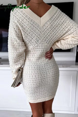 Cyflymder - Khaki Casual Solid Basic V Neck Long Sleeve Dresses