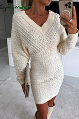Cyflymder - Khaki Casual Solid Basic V Neck Long Sleeve Dresses
