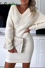 Cyflymder - Khaki Casual Solid Basic V Neck Long Sleeve Dresses