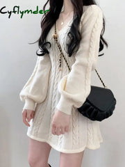 Cyflymder Knit Knitted Sweater Mini Dress Women Casual Lantern Sleeve Short Dresses Autumn Winter