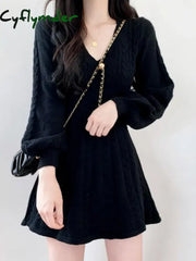 Cyflymder Knit Knitted Sweater Mini Dress Women Casual Lantern Sleeve Short Dresses Autumn Winter