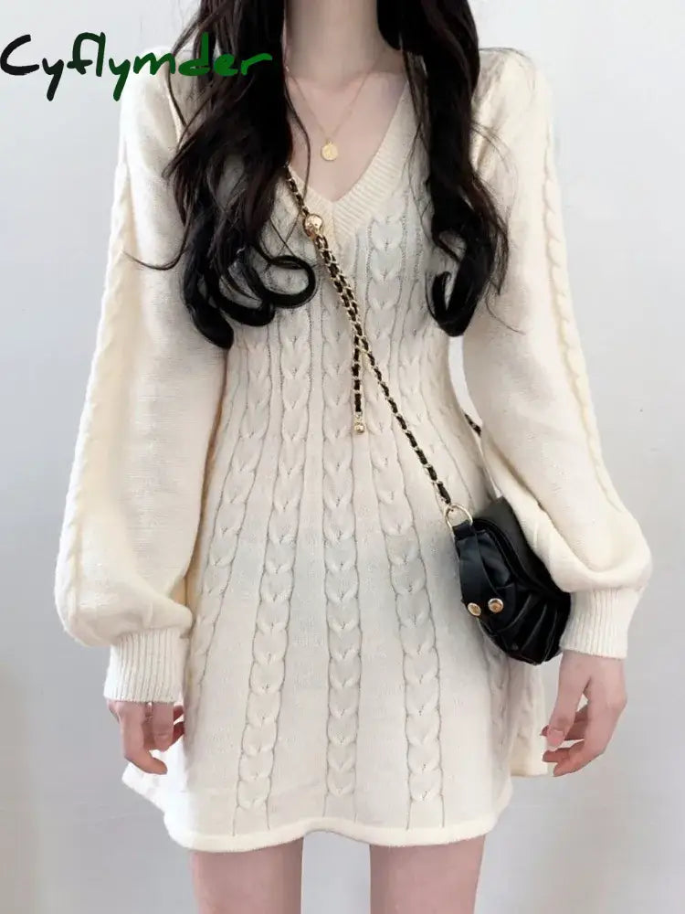 Cyflymder Knit Knitted Sweater Mini Dress Women Casual Lantern Sleeve Short Dresses Autumn Winter