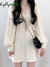 Cyflymder Knit Knitted Sweater Mini Dress Women Casual Lantern Sleeve Short Dresses Autumn Winter