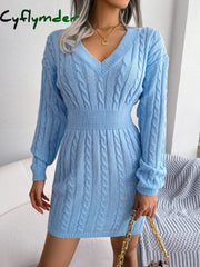 Cyflymder Knitted Sweater Dress For Women Autumn Winter Long Sleeve Slim Waist Knitwear Clothes