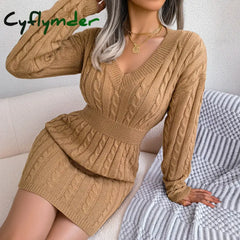 Cyflymder Knitted Sweater Dress For Women Autumn Winter Long Sleeve Slim Waist Knitwear Clothes