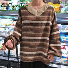 Cyflymder Knitted Sweaters Women Casual V Neck Stripe Pullover Sweater Autumn-winter Retro Jumper Harajuku Oversized