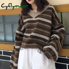 Cyflymder Knitted Sweaters Women Casual V Neck Stripe Pullover Sweater Autumn-winter Retro Jumper Harajuku Oversized