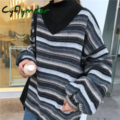 Cyflymder Knitted Sweaters Women Casual V Neck Stripe Pullover Sweater Autumn-winter Retro Jumper Harajuku Oversized