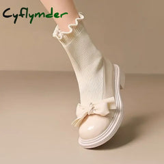 Cyflymder Knitted Women’s Sock Boots New Sweet Butterfly Knot Mary Jane Girl Shoes Autumn Winter Platform Shoes for