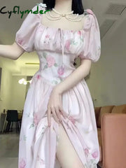 Cyflymder Korea Floral Print Pink Dress Women Elegant Square Collar Puff Sleeve Holiday Midi