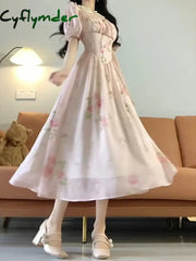 Cyflymder Korea Floral Print Pink Dress Women Elegant Square Collar Puff Sleeve Holiday Midi