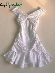 Cyflymder Korea Summer Mini Dresses White Sexy Women Clothes Harajuku Sweet Girl Cross Kpop Short Dress Punk Vintage