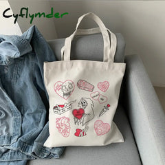 Cyflymder Korea Ulzzang Ins Heart Harajuku Women Shoulder Bag Art Gothic School Y2K Anime Canvas