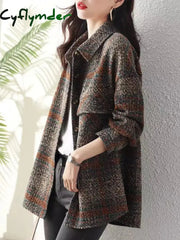 Cyflymder Korean Autumn Clothes New Turn-Down Collar Women’s Coat Street Fashion Plaid Wool &