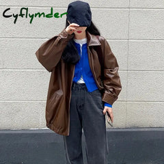 Cyflymder Korean Black Leather Jacket Women Winter Long Women’s Moto Biker Zipper Streetwear