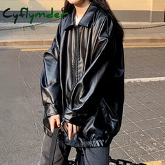 Cyflymder Korean Black Leather Jacket Women Winter Long Women’s Moto Biker Zipper Streetwear