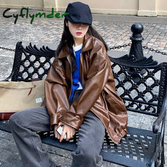 Cyflymder Korean Black Leather Jacket Women Winter Long Women’s Moto Biker Zipper Streetwear