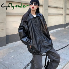 Cyflymder Korean Black Leather Jacket Women Winter Long Women’s Moto Biker Zipper Streetwear